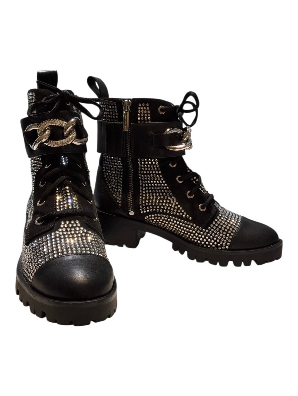 Karl Lagerfeld Pepper Rhinestone Combat Boots with Chain and Chunky Lug Sole